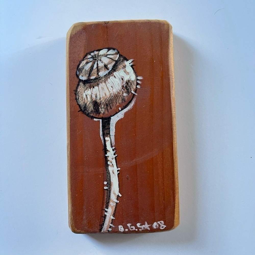 POPPY Seed‎ Pod Painting on a Woodblock
